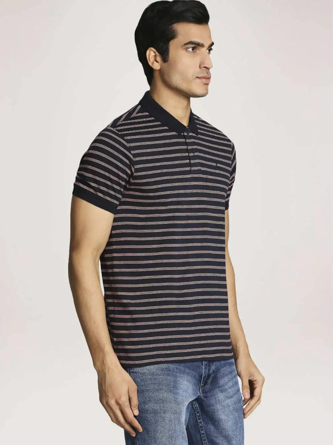 Parx Men Blue Stripe Regular Fit Casual Polo