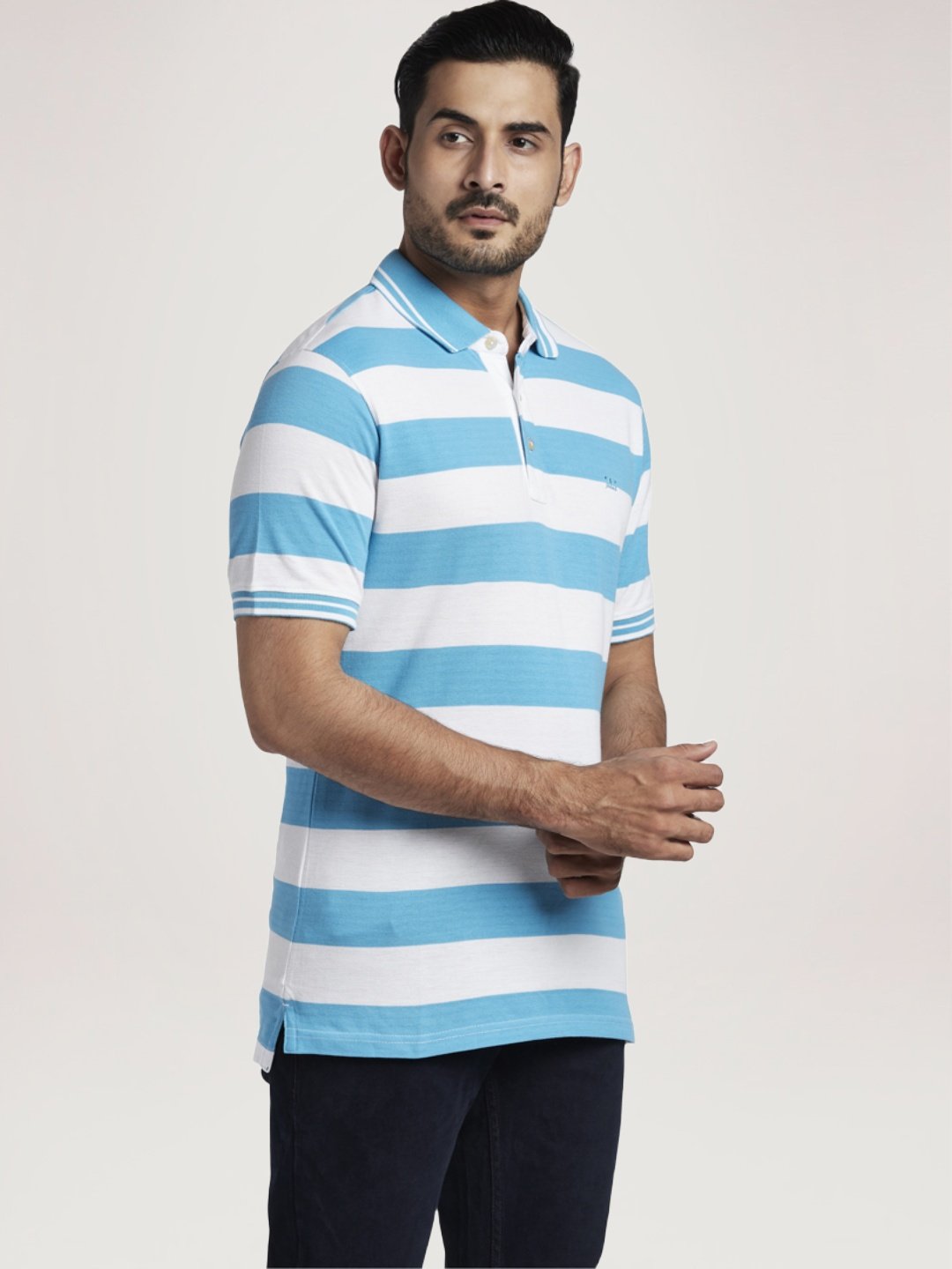 Colorplus Men Medium Blue Stripe Tailored Fit Casual Polo