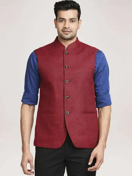 Colorplus Men Dark Red Solid Tailored Fit Party Bundi