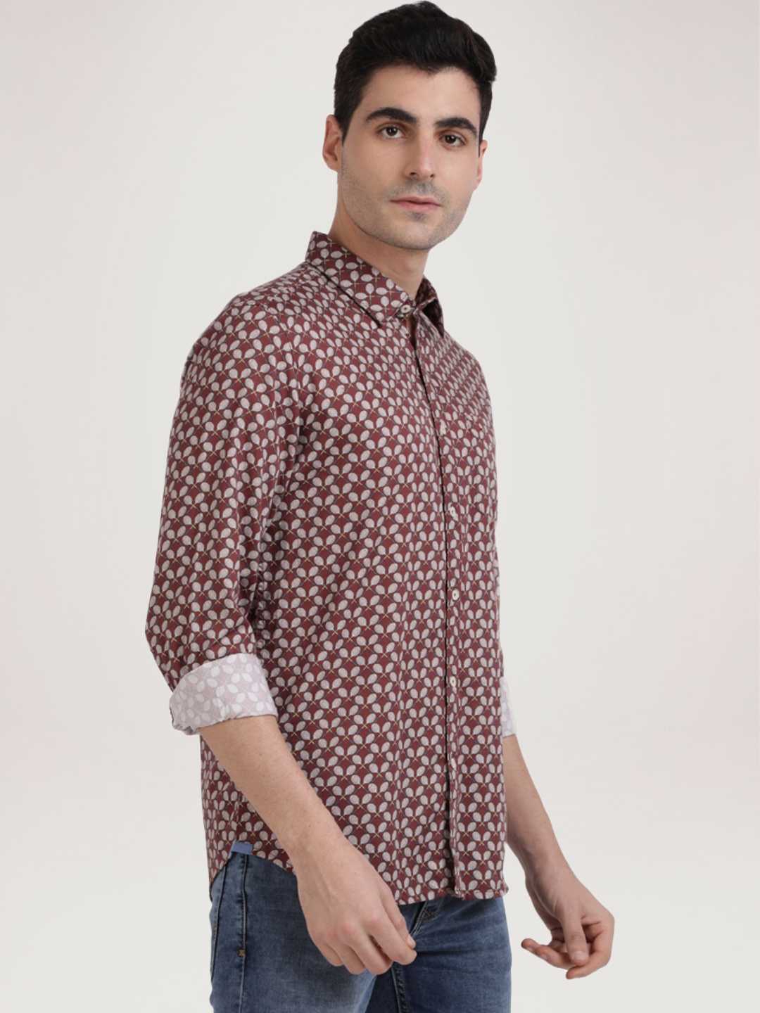 Parx Men Medium Brown Printed Slim Fit Casual Shirt