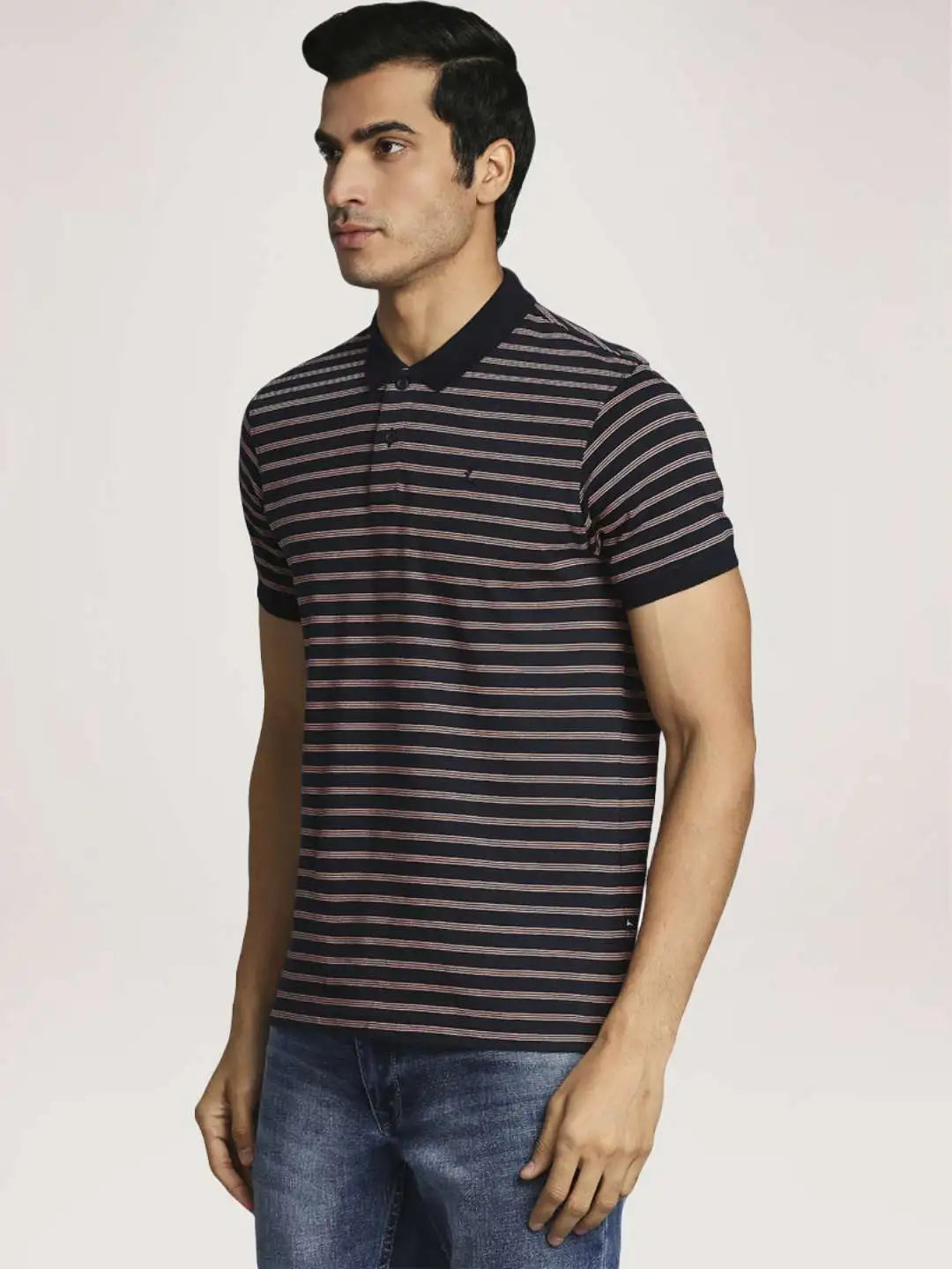 Parx Men Blue Stripe Regular Fit Casual Polo