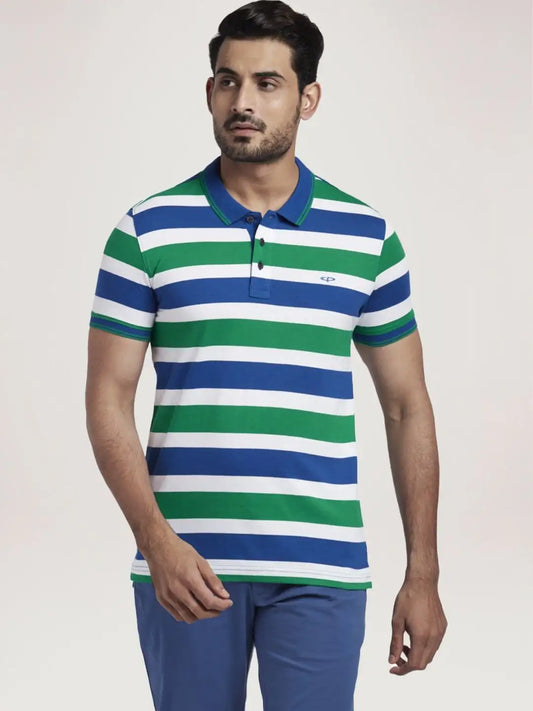 Colorplus Men Medium Green Stripe Slim Fit Casual T-Shirt
