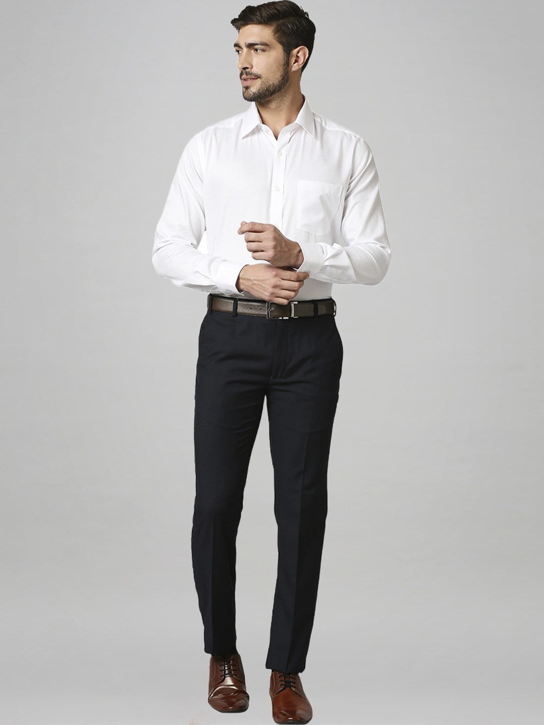 Park Avenue Men Blue Solid Super Slim Fit Work Trouser