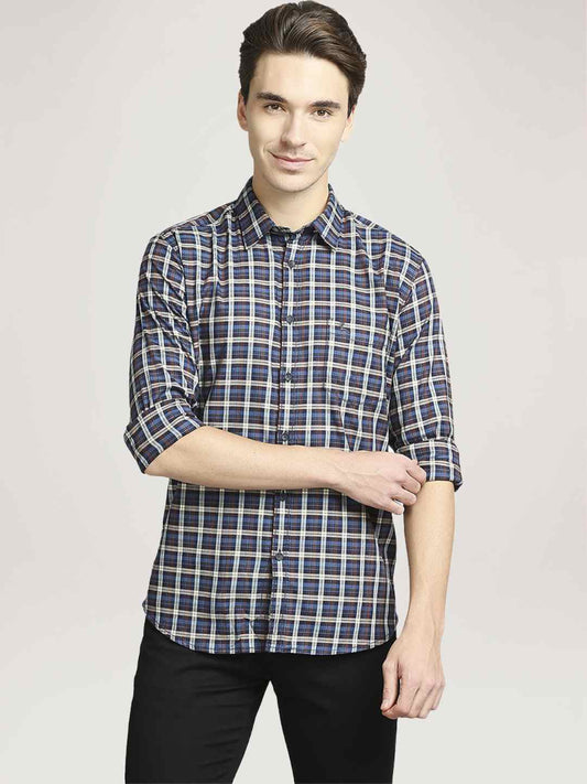 Parx Men Medium Brown Checks Slim Fit Party Shirt