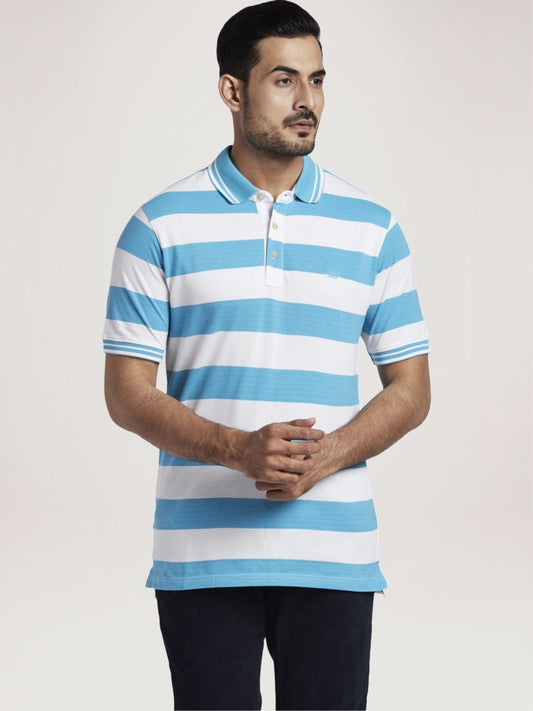 Colorplus Men Medium Blue Stripe Tailored Fit Casual Polo