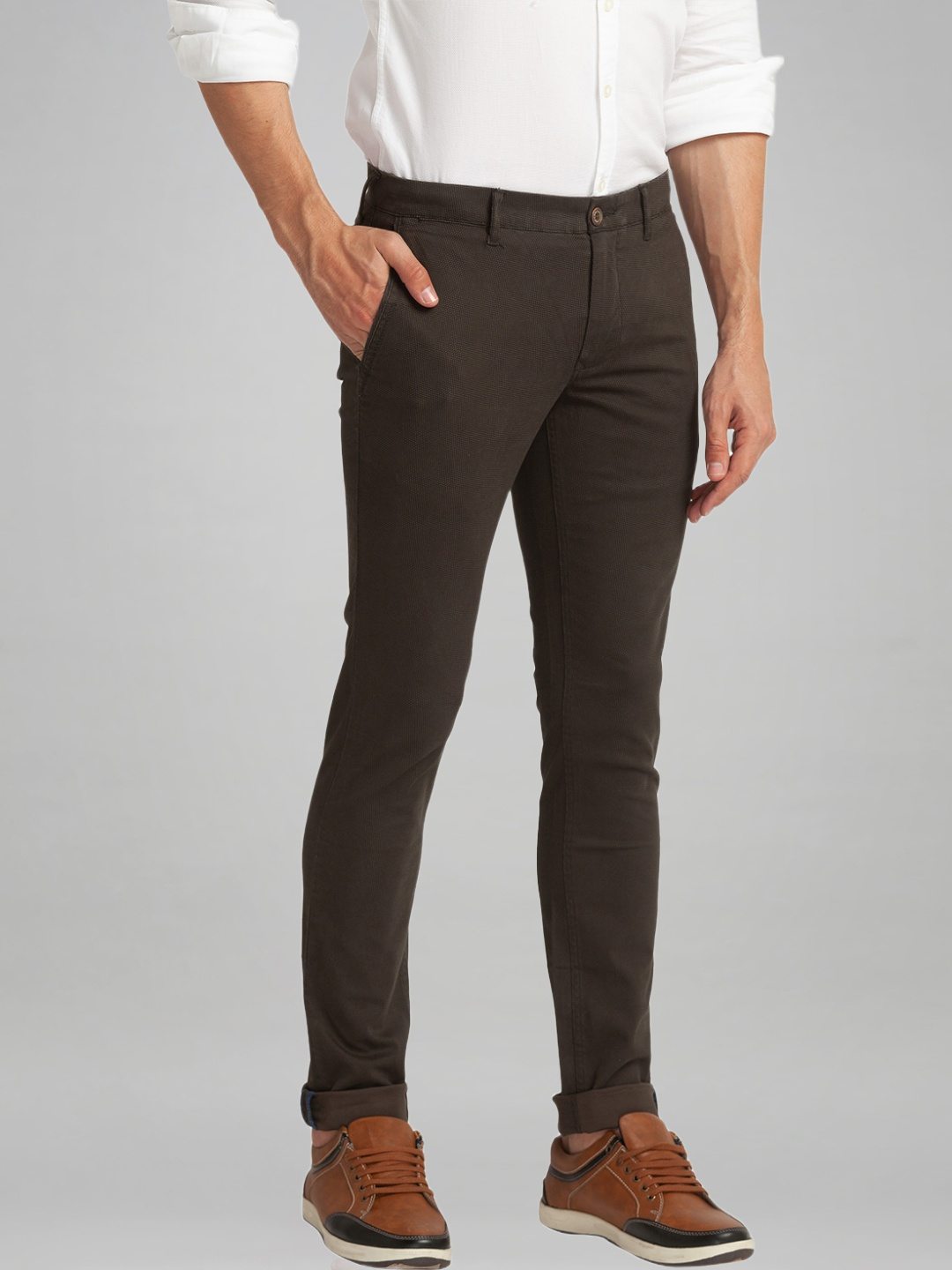 Parx Men Dark Green Printed Super Slim Fit Work Trouser