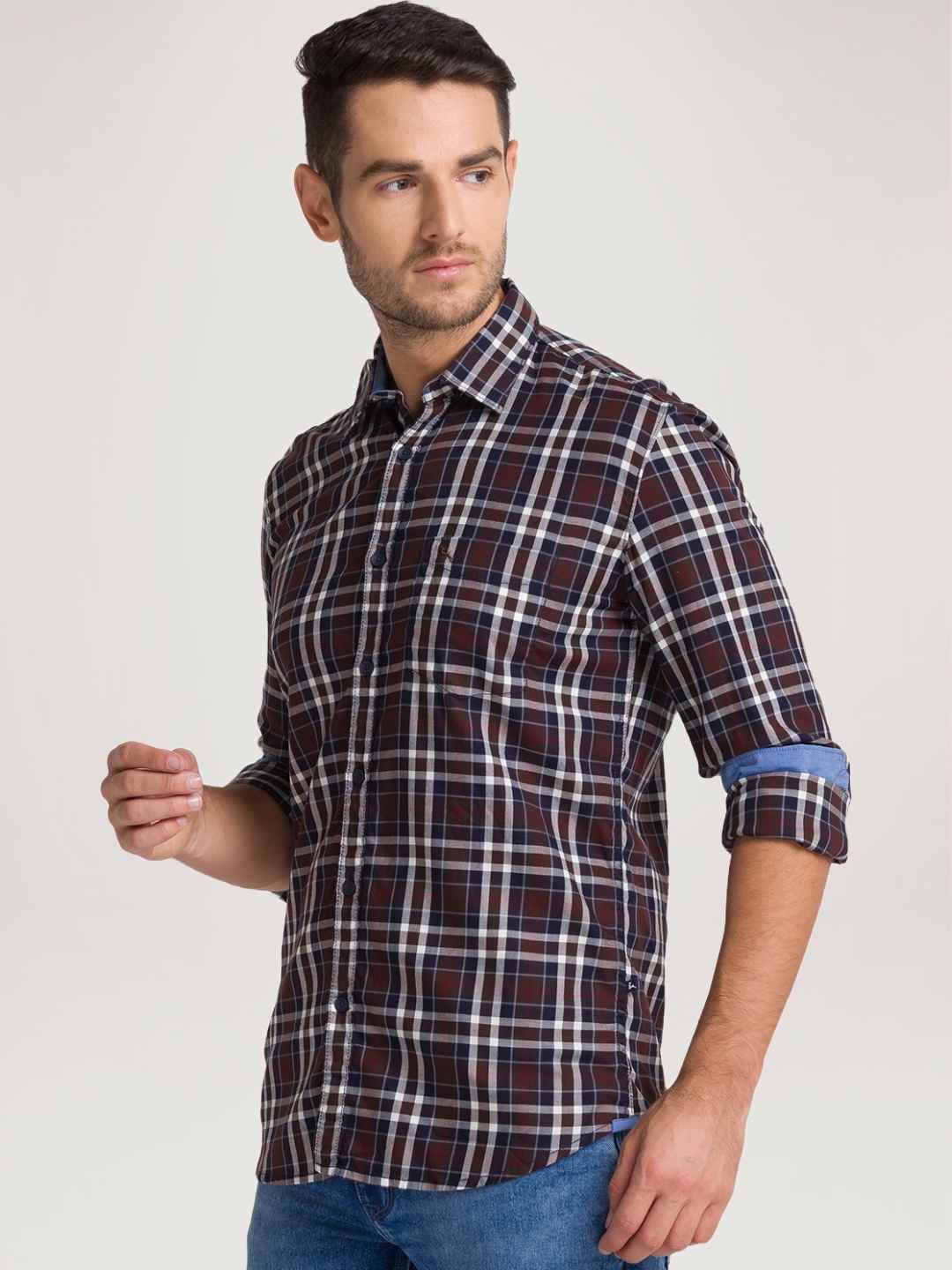 Parx Men Dark Brown Checks Slim Fit Party Shirt