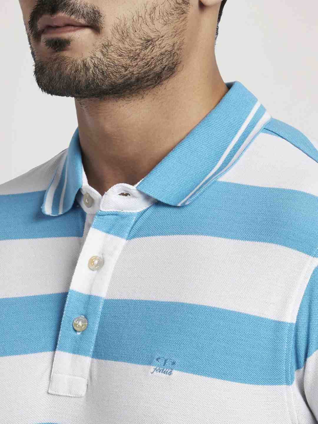 Colorplus Men Medium Blue Stripe Tailored Fit Casual Polo