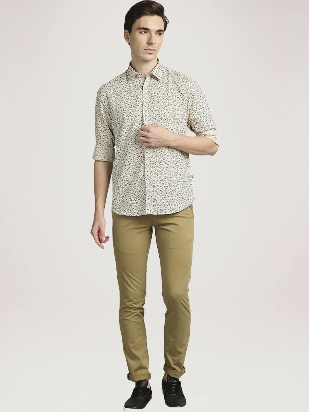 Parx Men Medium Fawn Printed Slim Fit Casual Shirt