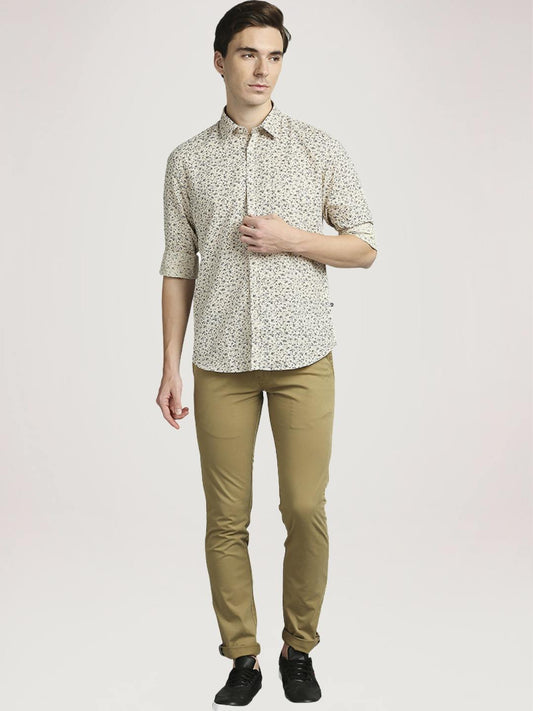 Parx Men Medium Fawn Printed Slim Fit Casual Shirt