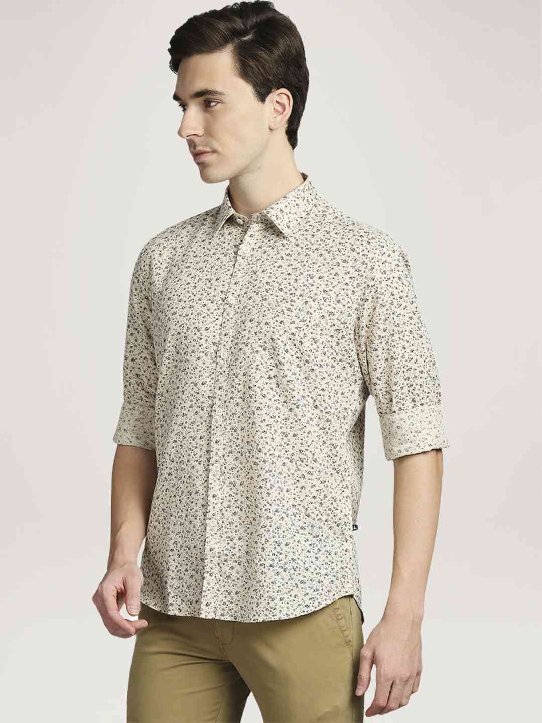 Parx Men Medium Fawn Printed Slim Fit Casual Shirt