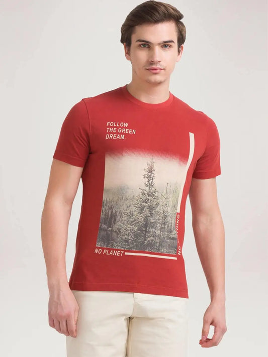 Parx Men Dark Orange Printed Regular Fit Casual T-Shirt