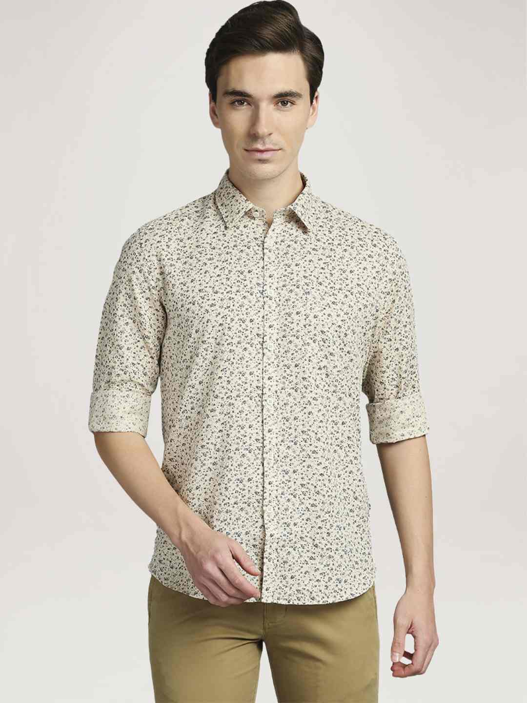 Parx Men Medium Fawn Printed Slim Fit Casual Shirt