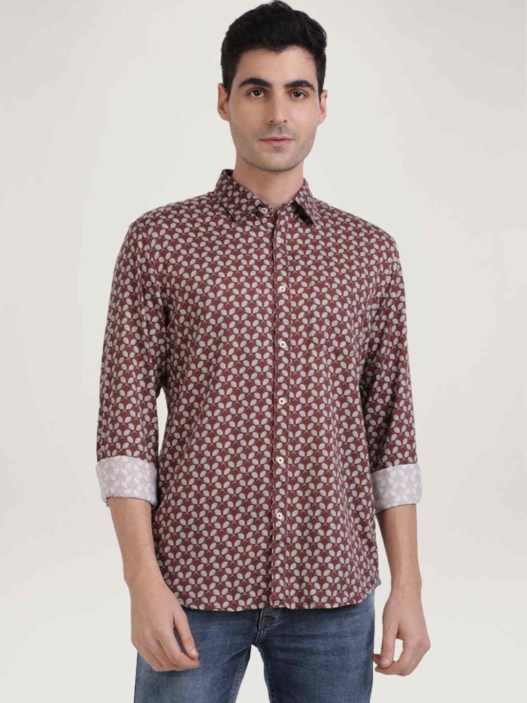 Parx Men Medium Brown Printed Slim Fit Casual Shirt