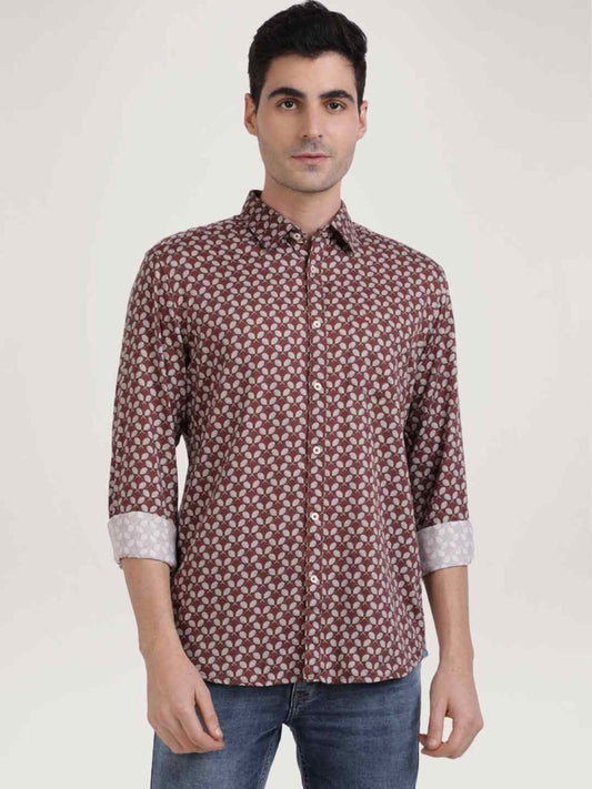 Parx Men Medium Brown Printed Slim Fit Casual Shirt