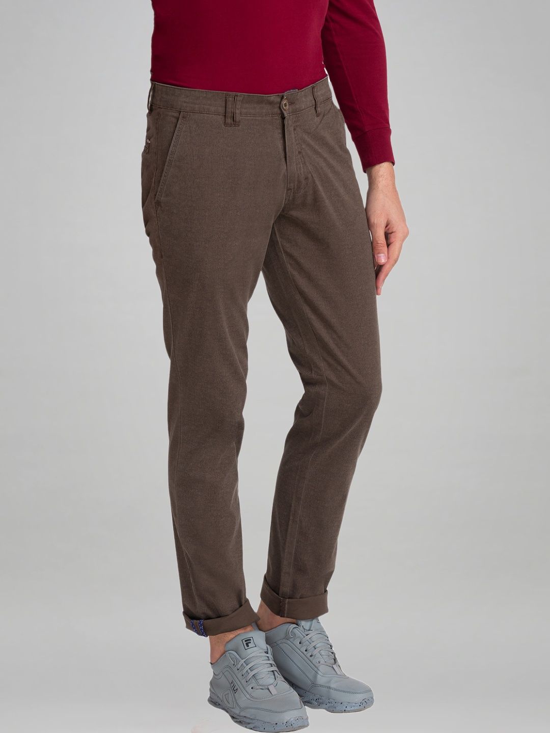 Parx Men Dark Brown Printed Tapered Fit Work Trouser