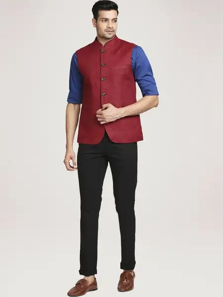 Colorplus Men Dark Red Solid Tailored Fit Party Bundi