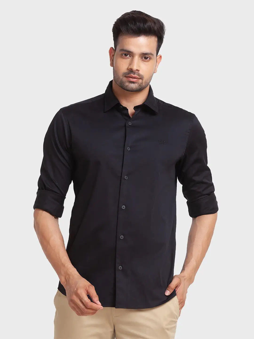 Men Black Tailored Fit Solid Cotton Blend Full Sleeve Shirts – MyRaymond