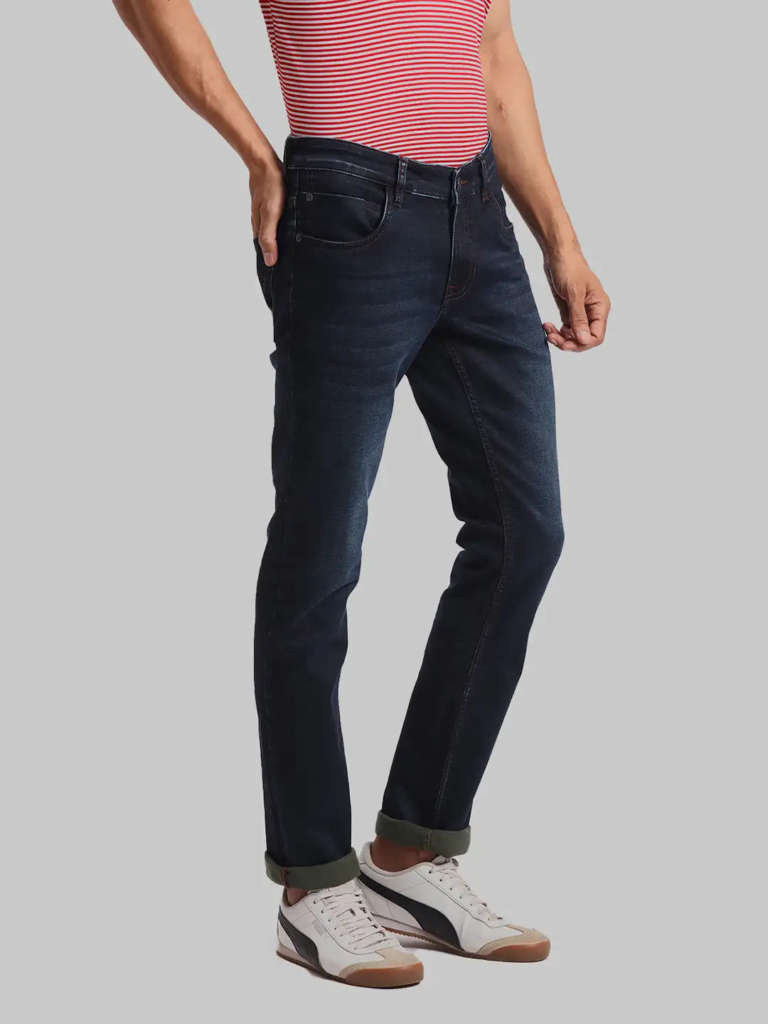 ColorPlus Tapered Fit Woven Design Medium Blue Jeans