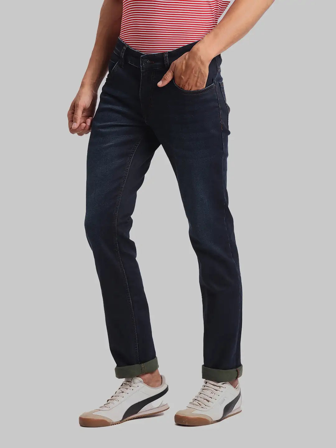 ColorPlus Tapered Fit Woven Design Medium Blue Jeans