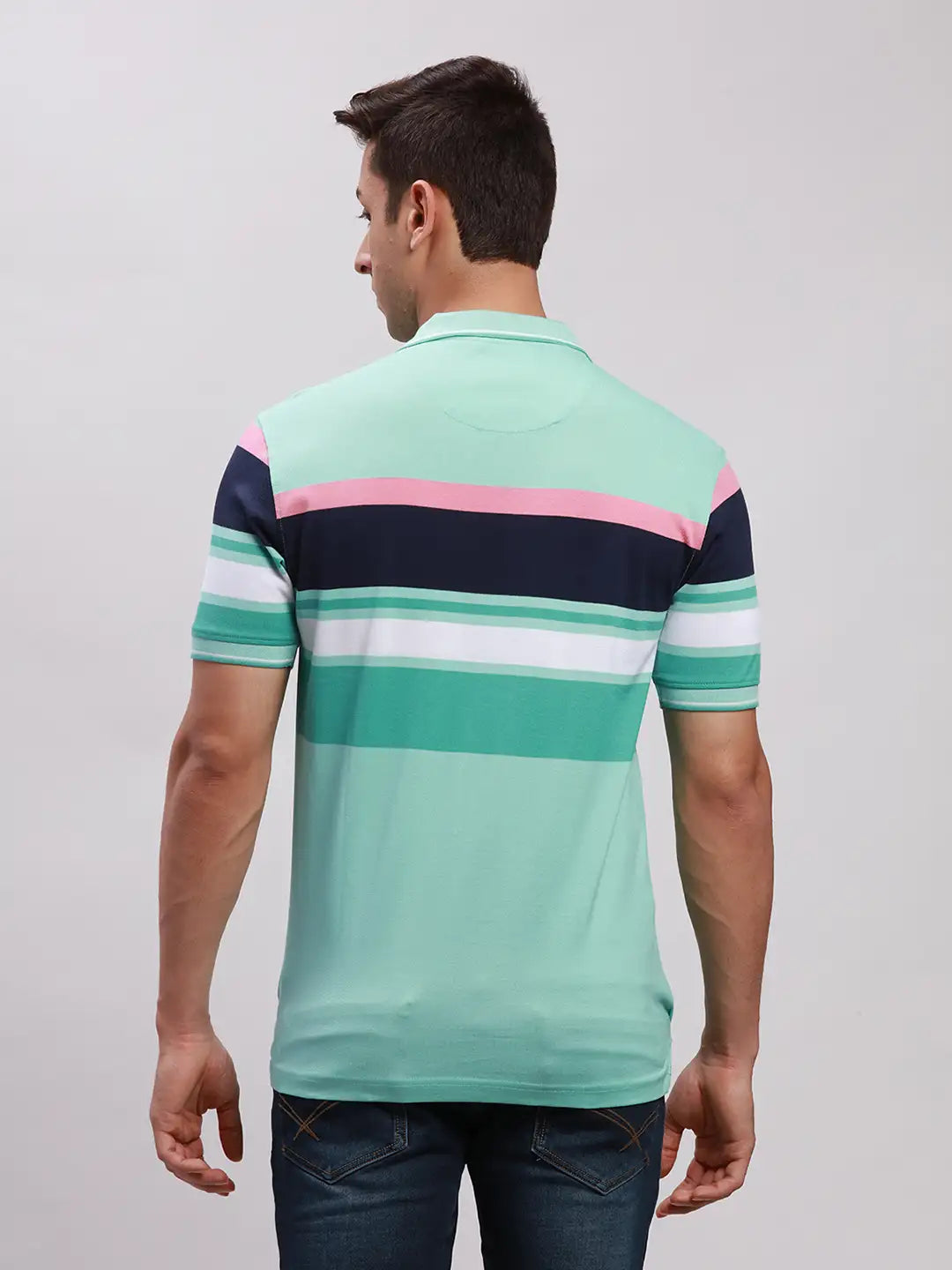 ColorPlus Men Blue Tailored Fit Stripe Cotton Half Sleeve T Shirt MyRaymond