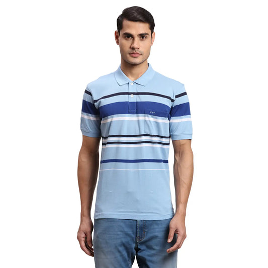 ColorPlus Men Navy Stripe Regular Fit Cotton Half Sleeve T-Shirt