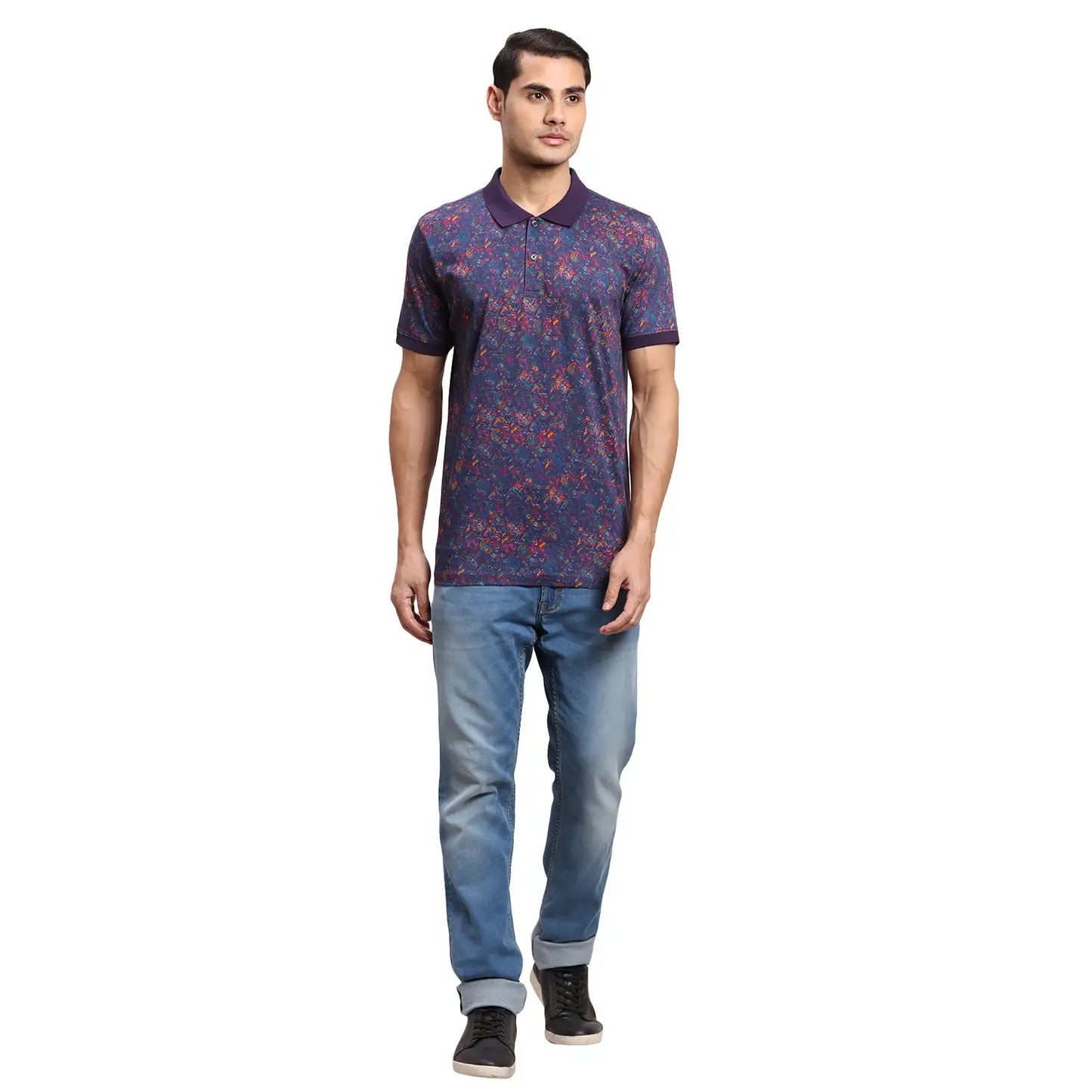 Men Blue Regular Fit Stripe Cotton Half Sleeve T-Shirt