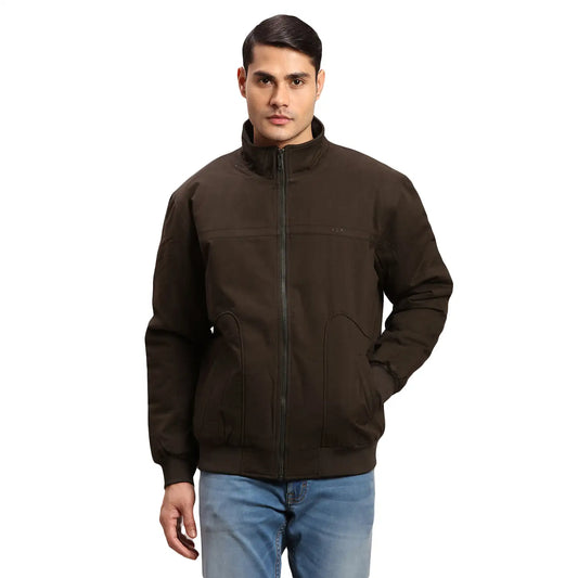 ColorPlus Men Black Solid Regular Fit Cotton Full Sleeve Bomber Jacket