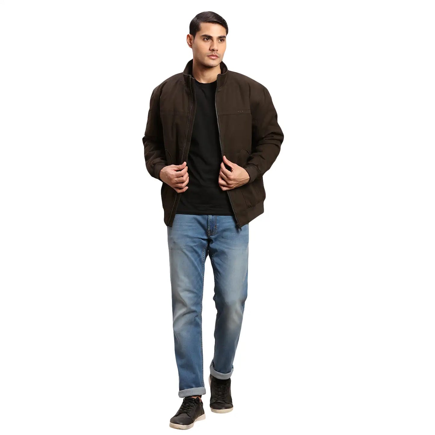 ColorPlus Men Black Solid Regular Fit Cotton Full Sleeve Bomber Jacket