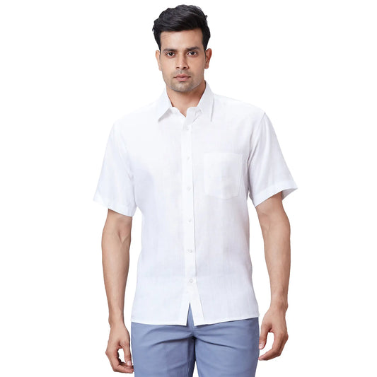 Men Yellow Classic Fit Solid Linen Half Sleeve Shirts