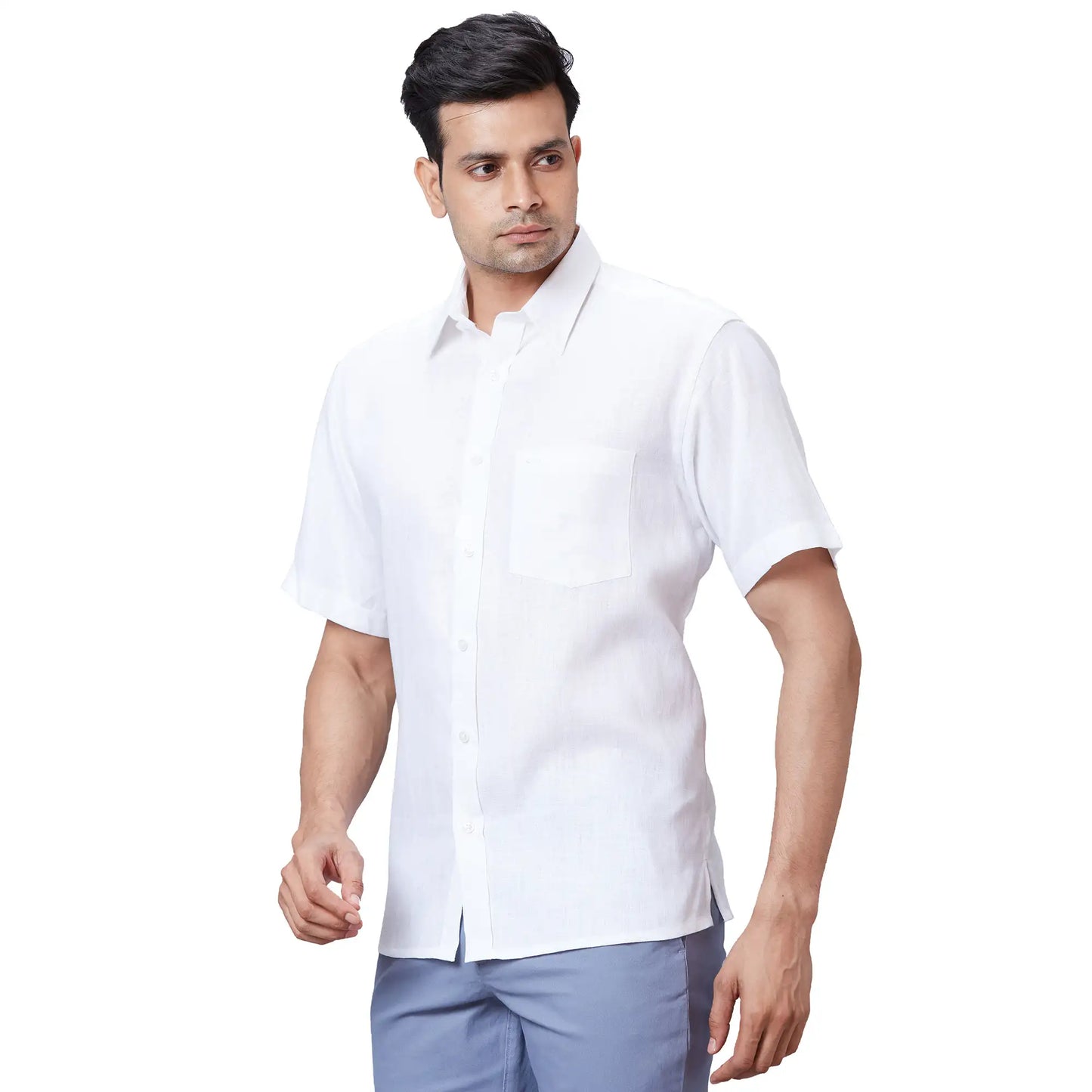 Men Yellow Classic Fit Solid Linen Half Sleeve Shirts