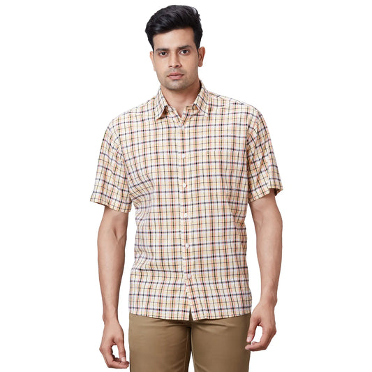 Men White Comfort Fit Checks Linen Half Sleeve Shirts
