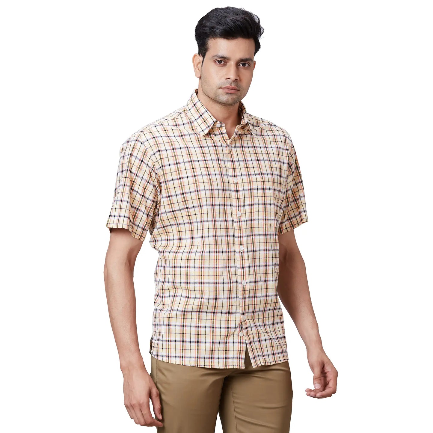 Men White Comfort Fit Checks Linen Half Sleeve Shirts