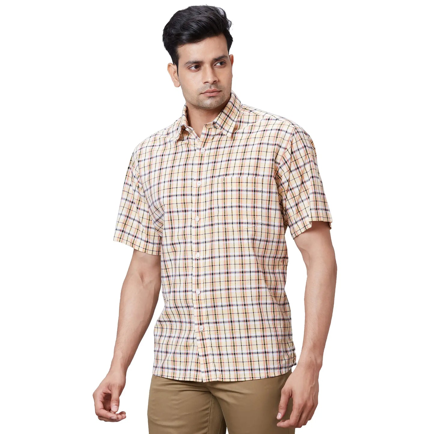 Men White Comfort Fit Checks Linen Half Sleeve Shirts