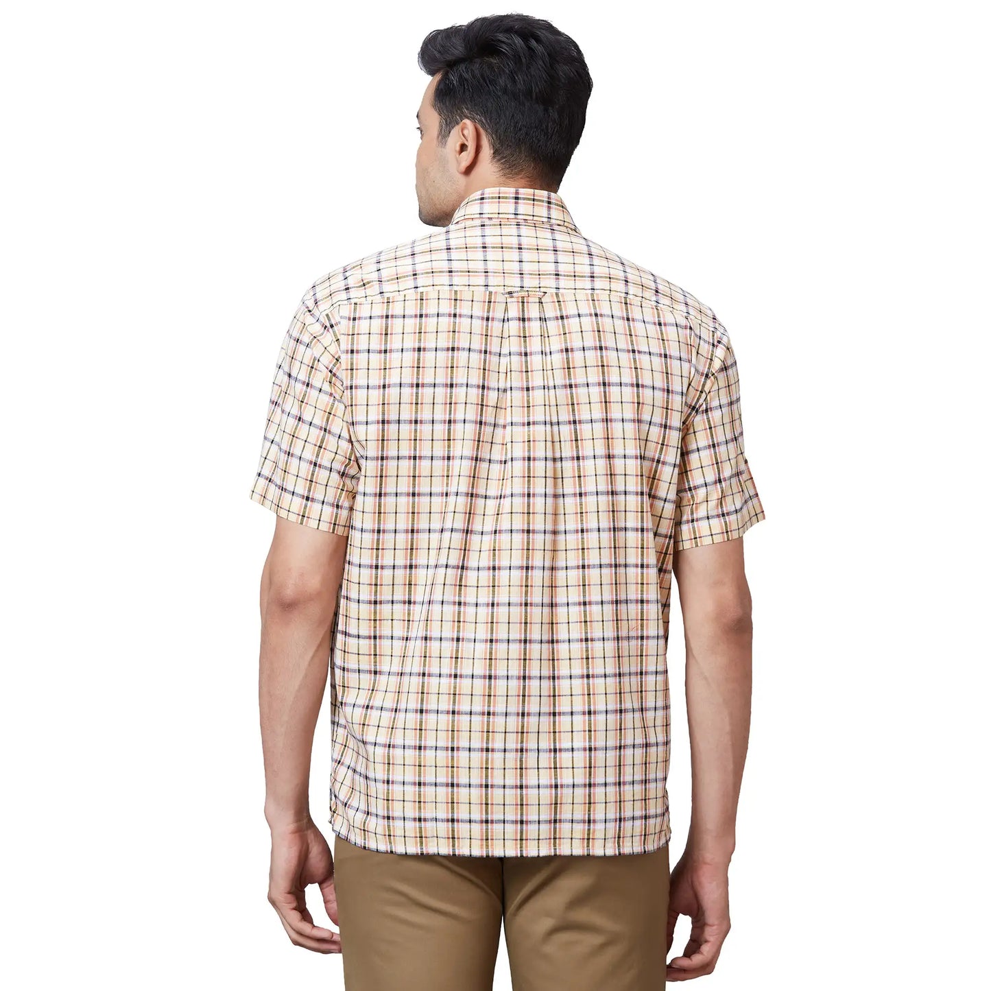 Men White Comfort Fit Checks Linen Half Sleeve Shirts
