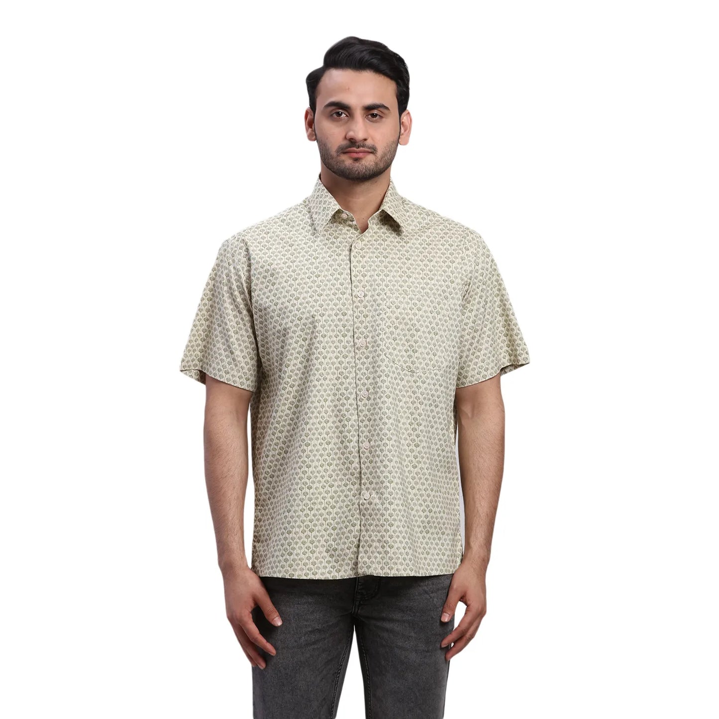 ColorPlus Men Violet Print Comfort Fit Cotton Half Sleeve Shirt