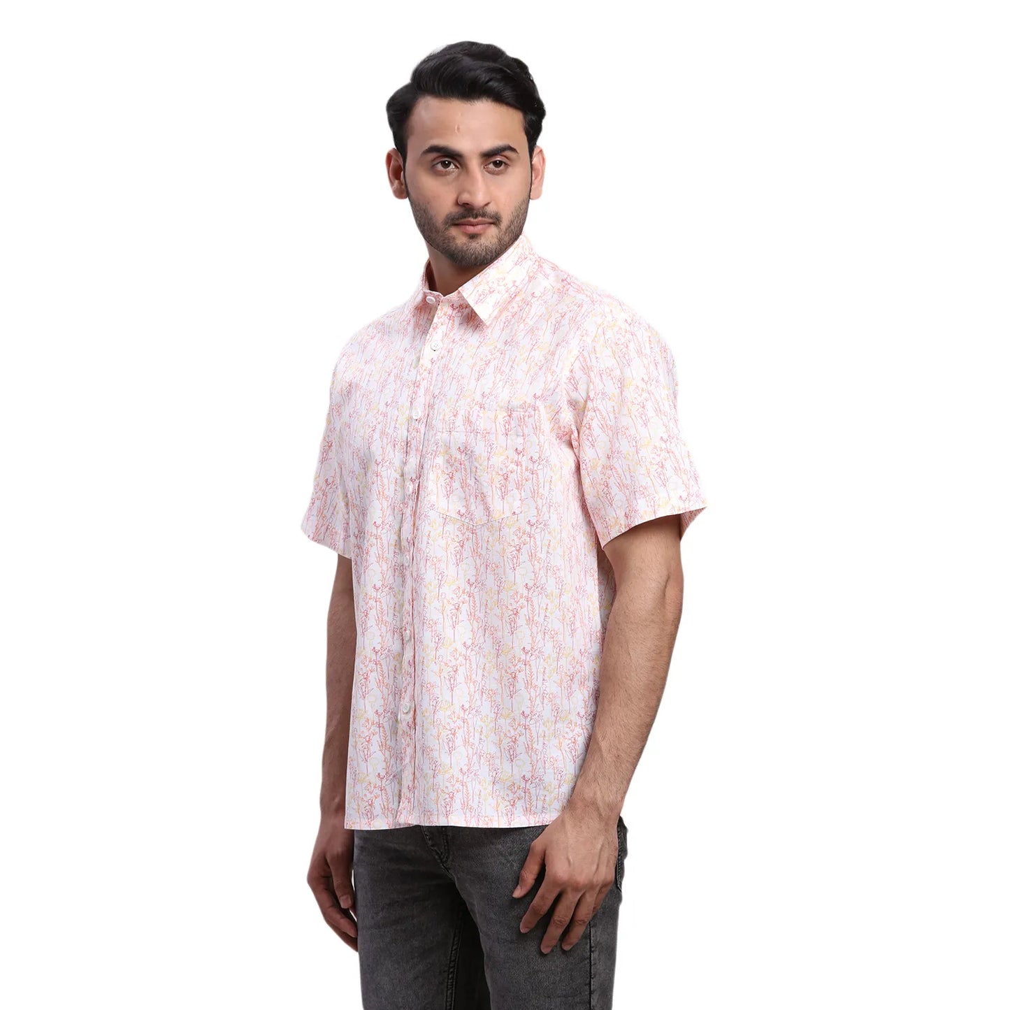 ColorPlus Men Red Checks Comfort Fit Linen Half Sleeve Shirt
