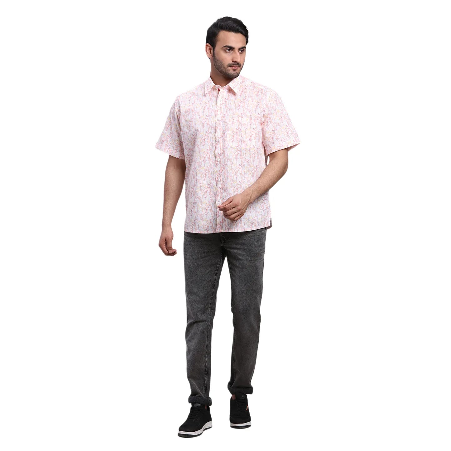 ColorPlus Men Red Checks Comfort Fit Linen Half Sleeve Shirt