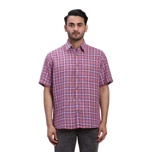 ColorPlus Men Red Checks Comfort Fit Linen Half Sleeve Shirt