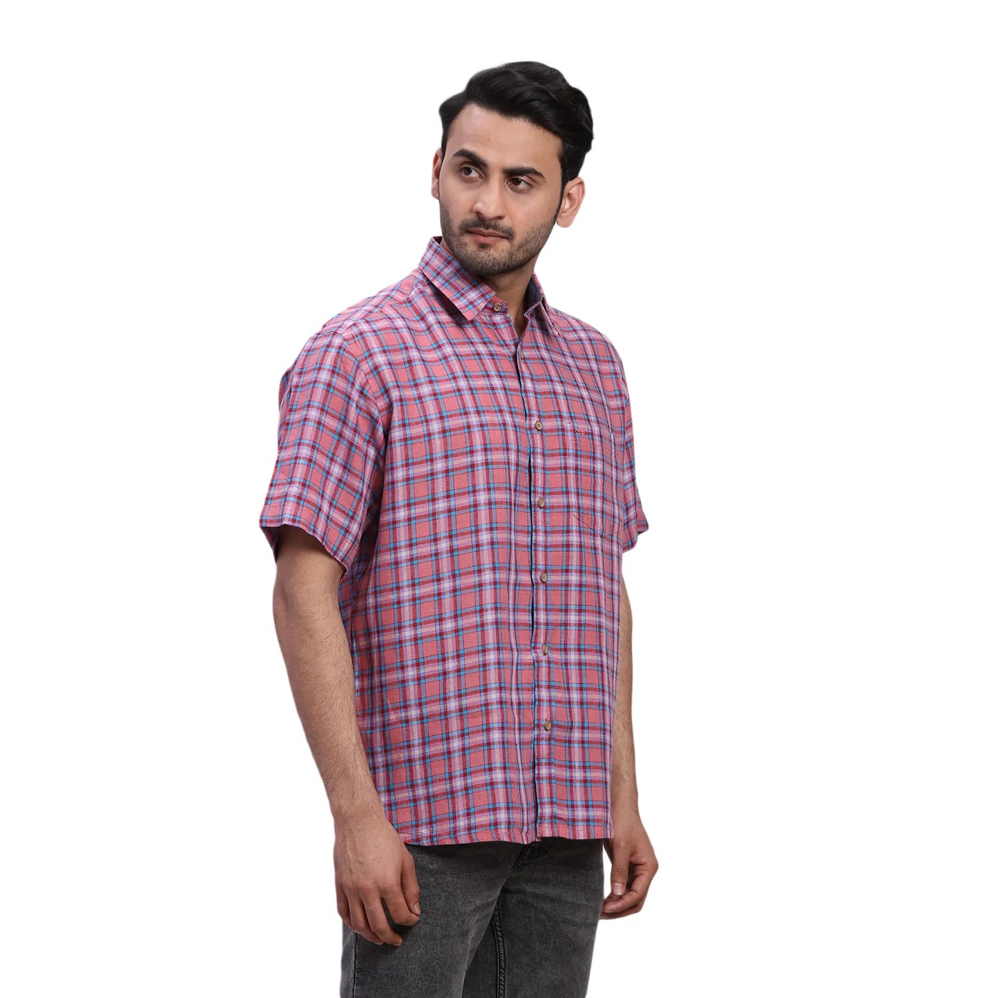 ColorPlus Men Red Checks Comfort Fit Linen Half Sleeve Shirt