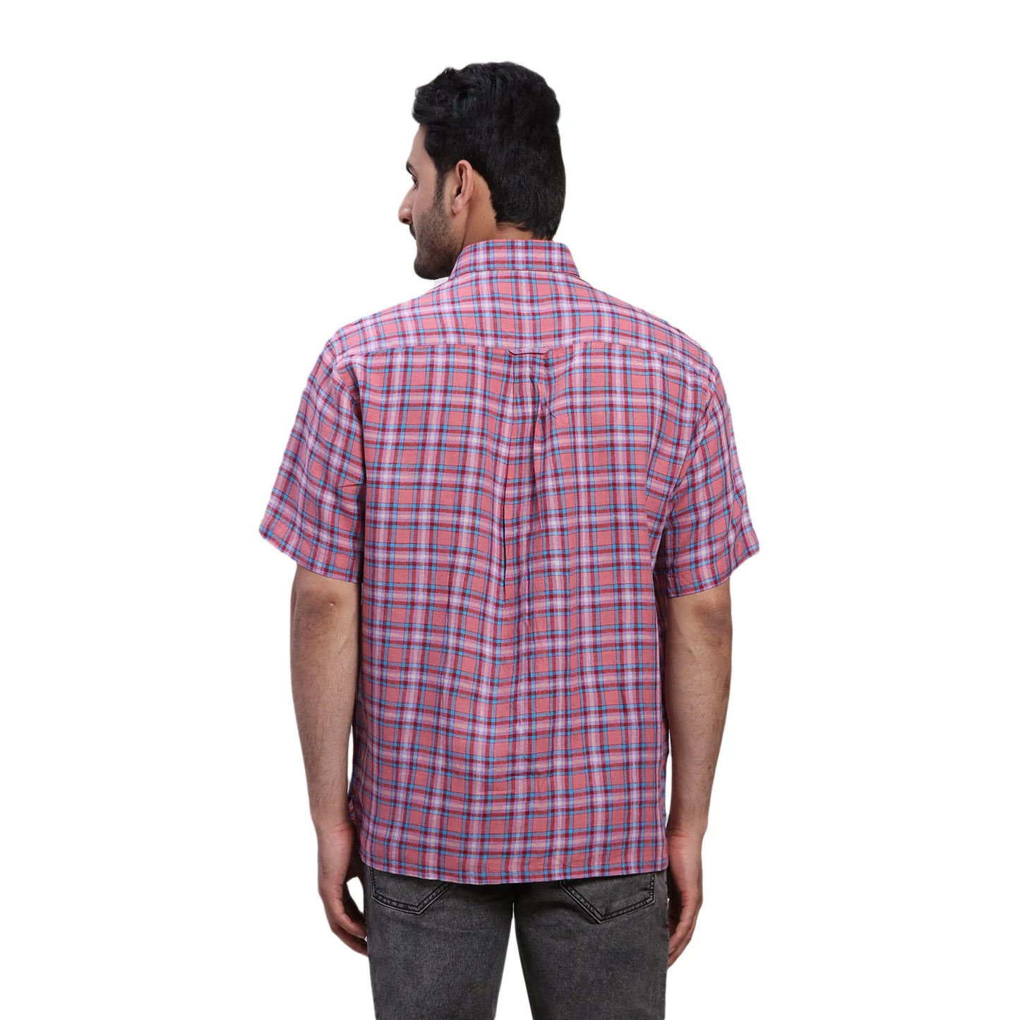 ColorPlus Men Red Checks Comfort Fit Linen Half Sleeve Shirt