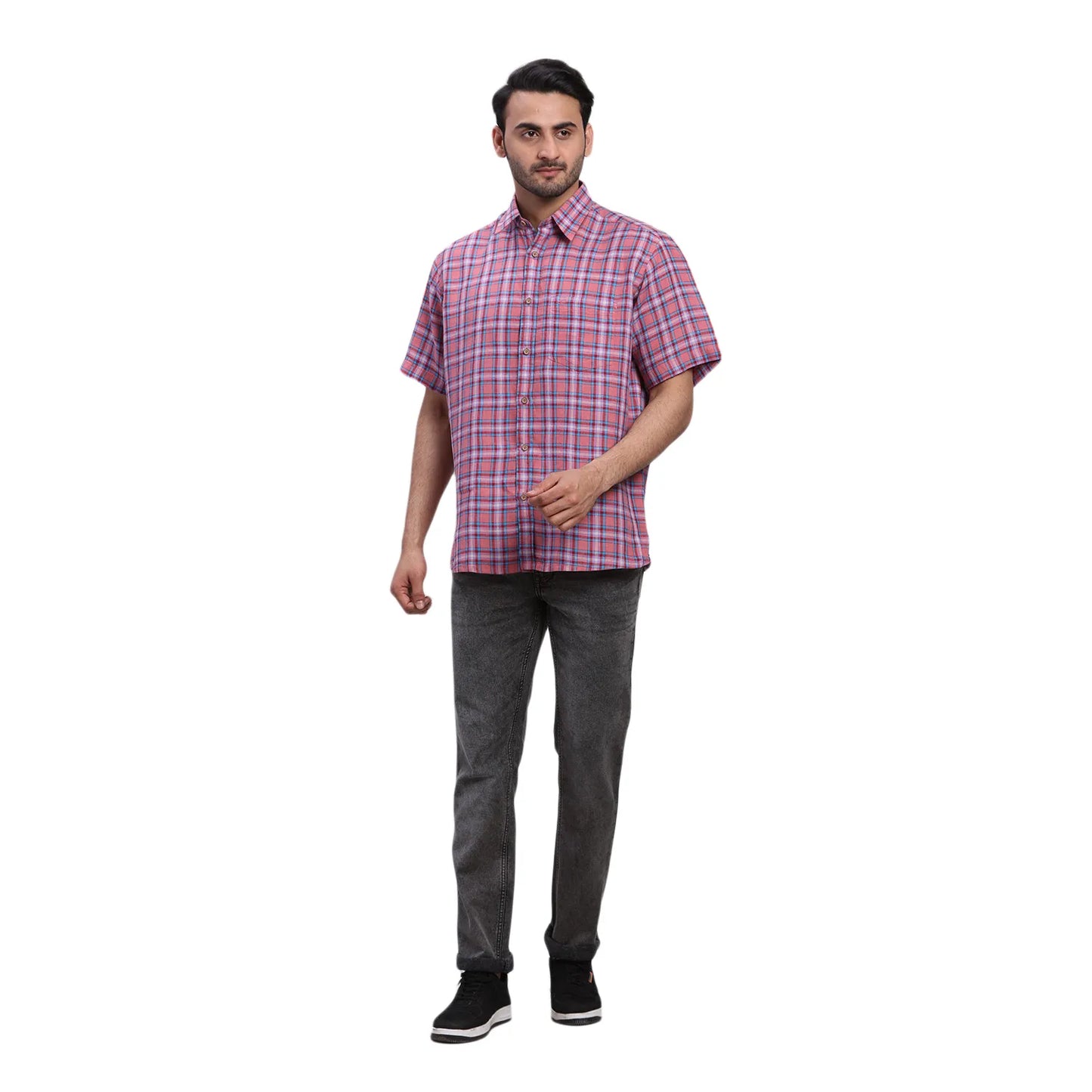 ColorPlus Men Red Checks Comfort Fit Linen Half Sleeve Shirt