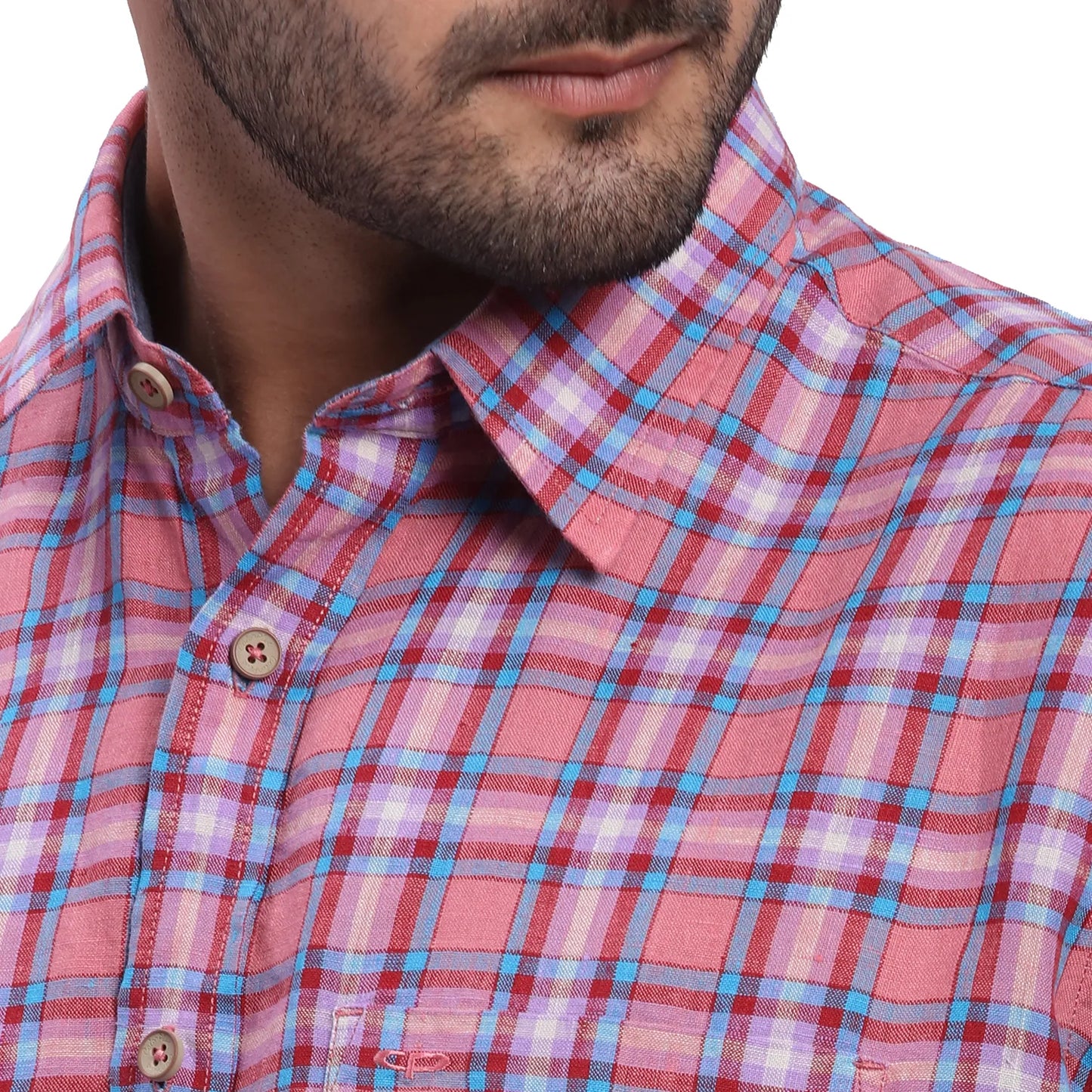 ColorPlus Men Red Checks Comfort Fit Linen Half Sleeve Shirt