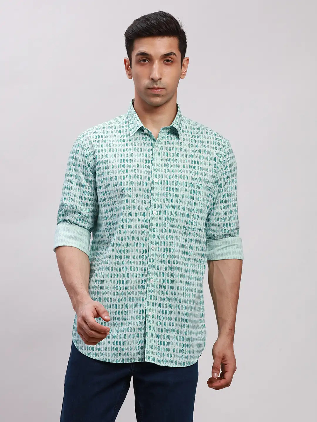 Men Orange Tailored Fit Print Cotton Full Sleeve Shirts