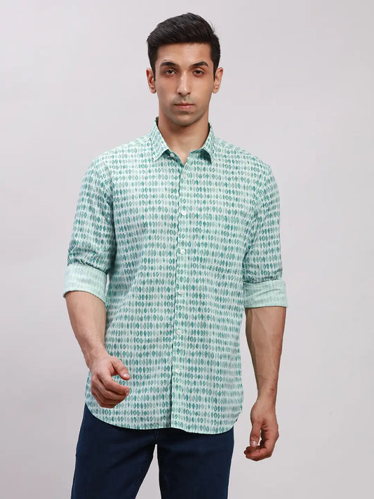 Men Orange Tailored Fit Print Cotton Full Sleeve Shirts