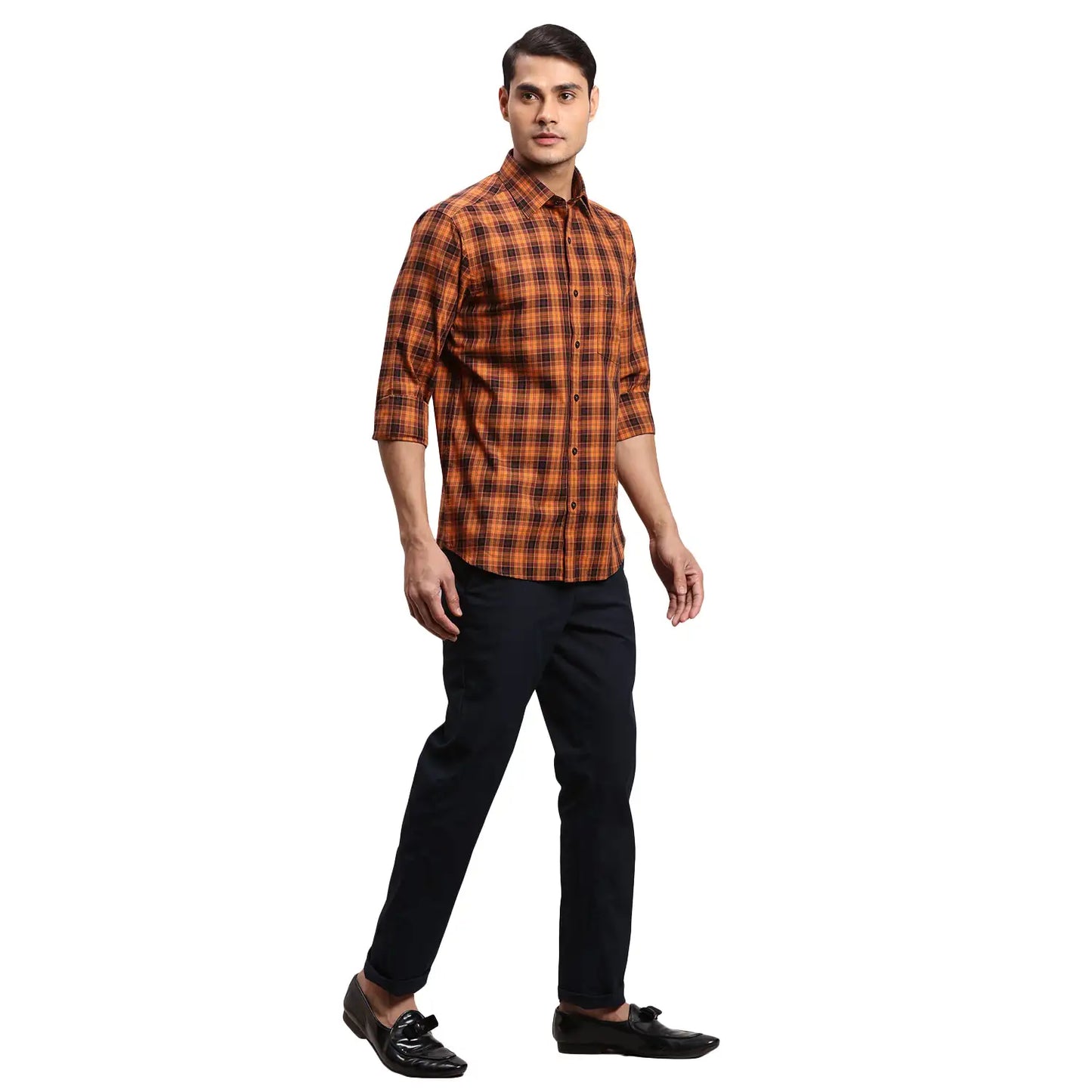 Men Petrol Regular Fit Checks Cotton Full Sleeves Shirts