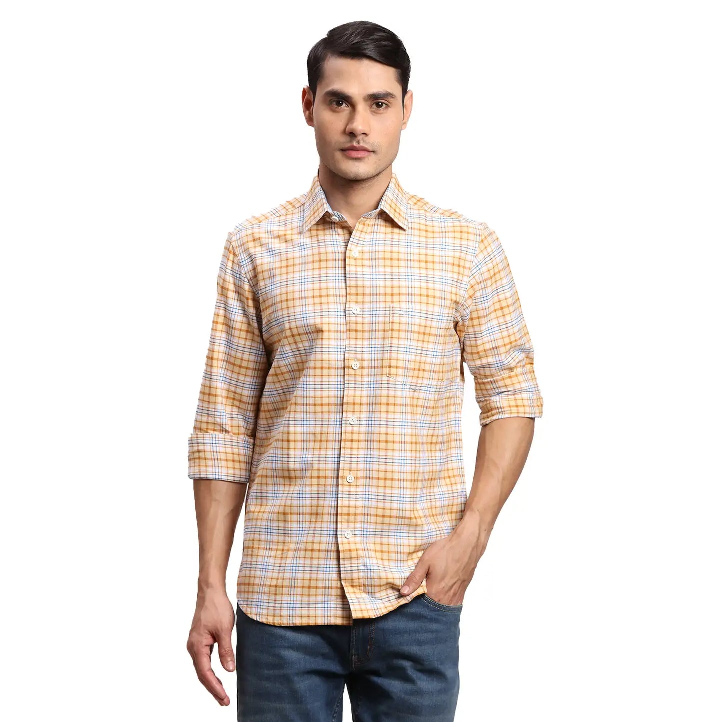Men Green Regular Fit Checks Cotton Full Sleeves Shirts