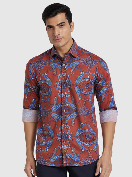 Men Maroon Regular Fit Print  Cotton Full Sleeve  Shirts