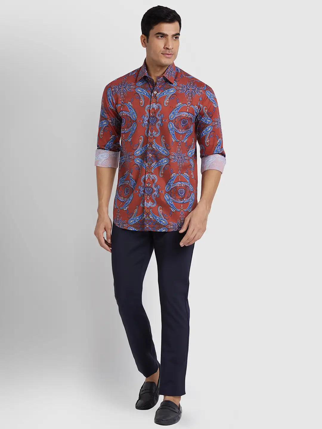 Men Maroon Regular Fit Print  Cotton Full Sleeve  Shirts