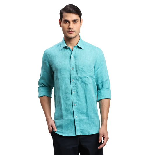 Men Red Regular Fit Weft Chambray Linen Full Sleeves Shirts